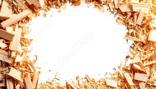 Large wood shavings and sawdust thick frame on transparency background top view landscape stock photo with middle copy space