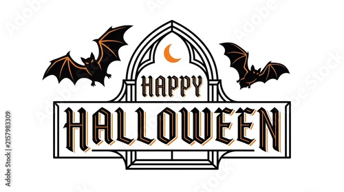 Vintage style happy halloween greeting card design with gothic arch frame and flying bats on white background