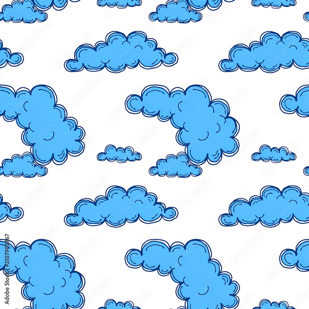 Obraz premium Seamless pattern of blue clouds on a white background hand drawn style