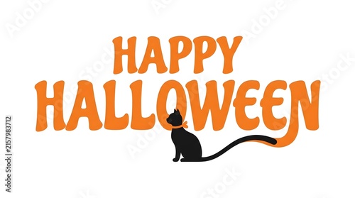 Happy halloween festive lettering with a black cat illustration for holiday celebrations