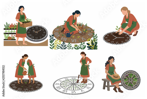 Flat Vector Illustration Set of Women Gardening on Clock Faces Representing Time for Growth and Seasonal Planting Concept