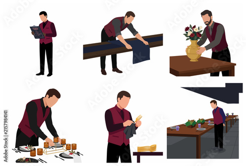 Set of flat vector illustrations of a professional waiter or banquet staff preparing for a formal event