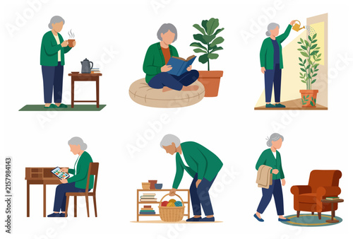 Senior Woman Daily Activities Illustration Set: Elderly Lady Drinking Tea, Reading, Gardening, Using a Tablet, and Knitting at Home - Retirement Lifestyle Vector Collection