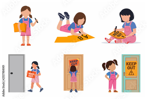 Vector illustration set of a little girl creating and hanging keep out signs for her room privacy