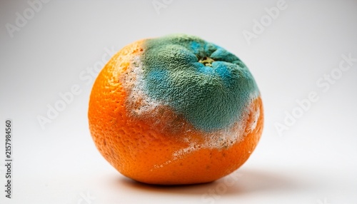 orange fruit decomposing with green and blue mold showing decay and rotten food on white background