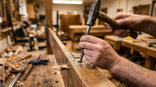 Restorer using pin punch and hammer to drive broken wooden dowel out of mortise and tenon joint.
