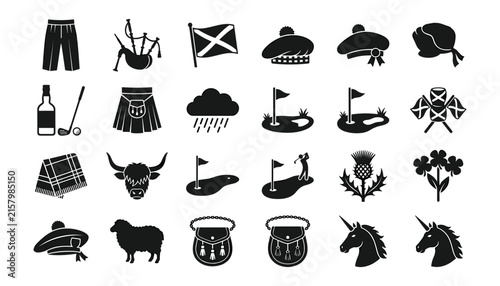 Scottish traditional culture line icon set featuring bagpipe kilt flag golf thistle unicorn highland cow and whiskey.
