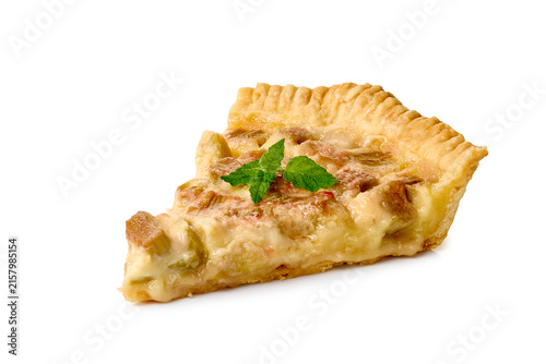 Homemade rhubarb tart slice with flaky golden crust, pale pink filling, fresh mint garnish, and clean white background, styled for bakery, dessert, menu, recipe, and culinary presentation
