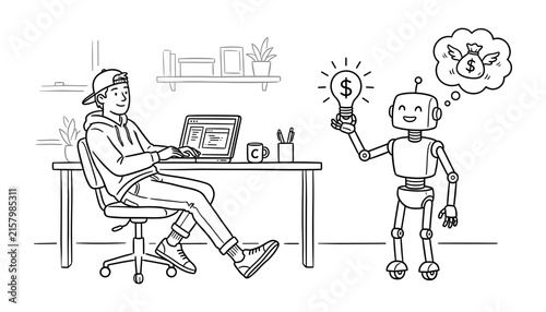 Foto Young freelancer working on laptop at desk while creative robot assistant suggests financial ideas for making money