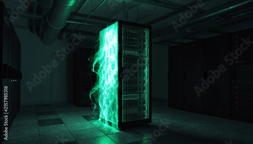 A dark server room where one specific server rack glows with an intense, protective emerald light, indicating active defense.  