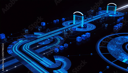 A futuristic data pipeline rendered in neon blue, featuring automated security checkpoint gates along the route.  