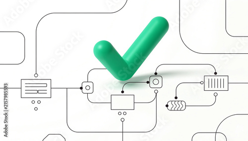 A clean, minimalist tech concept art of a single green checkmark hovering over a complex system architecture schematic.  