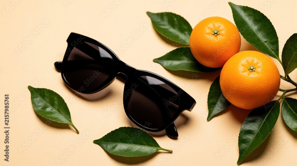 Fototapeta premium Black sunglasses rest near fresh oranges and green leaves. Minimal composition suggests summer vibes and bright, healthy fruit for a chic look.
