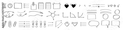 Business doodle elements set in vector style, featuring arrows, charts, checklists, notes, hearts, speech bubbles, frames, stationery, presentations, marketing, office projects, business infographics