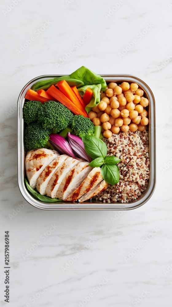 Fototapeta premium Healthy meal prep lunch box with grilled chicken, quinoa, chickpeas, broccoli, and fresh vegetables for balanced nutrition