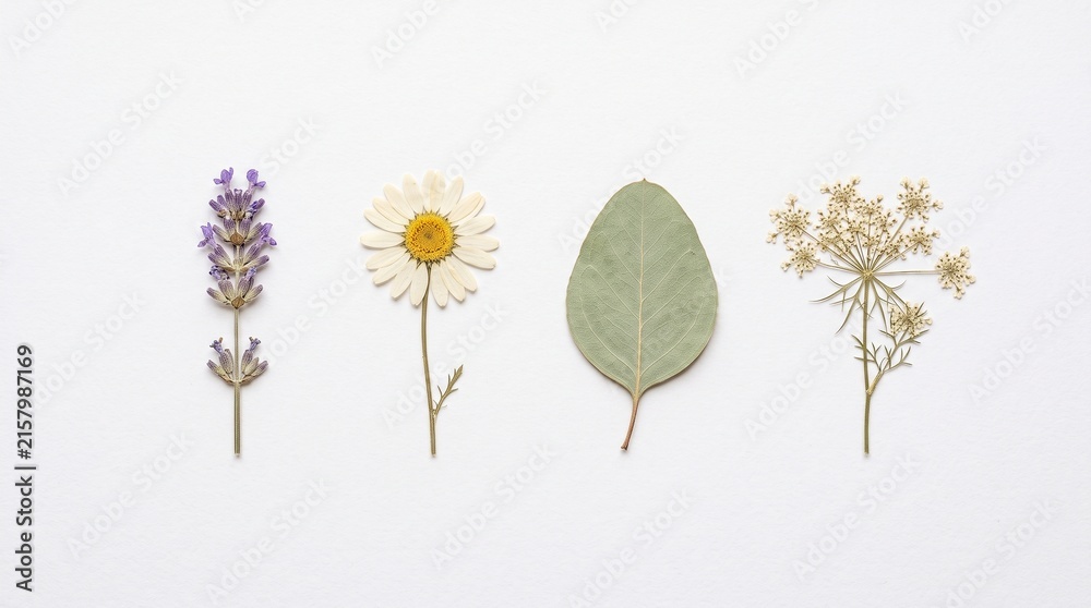 Naklejka premium Collection of Dried Botanical Specimens Including Lavender, Daisy, and Green Leaf on White Background