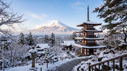 Snow-Covered Mount Fuji and Traditional Japanese Pagoda in Winter
