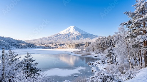 Snow-Covered Mount Fuji and Traditional Japanese Pagoda in Winter