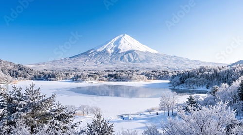 Snow-Covered Mount Fuji and Traditional Japanese Pagoda in Winter