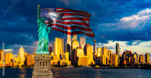 Statue of Liberty city background. American flag USA wallpaper. New York Manhattan freedom symbol. Freedom with Statue of Liberty. American flag over USA skyline. New York Manhattan patriotic design.