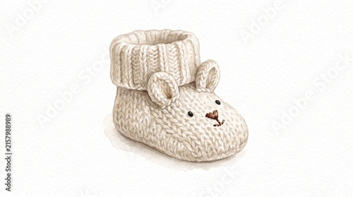 Hand Knitted Animal Ear Baby Bootie in Soft Oatmeal Wool, Cozy Watercolor Nursery Illustration on White