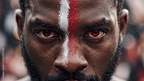 Intense Close-Up Portrait of a Man with Red and White Face Paint and Fiery Red Eyes, Intense Gaze