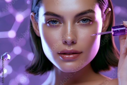 Woman Applying Purple Face Serum with Pipette. beauty portrait of a woman holding a purple serum glass bottle and applying facial oil with a glass dropper pipette against a molecular purple background