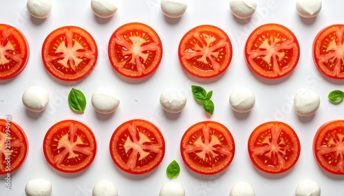 Pattern of tomato slices, basil leaves and mozzarella balls arranged evenly on white background, Italian food concept