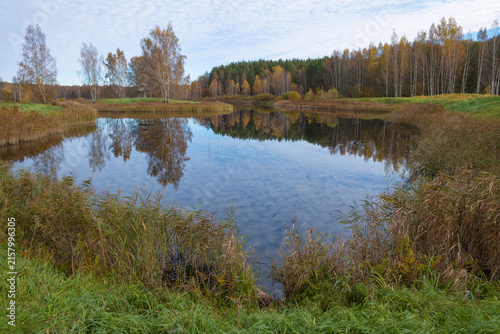 Gannibal pond on an October morning. Petrovskoye Estate, Pushkinskiye Gory. Pskov Oblast, Russia