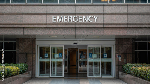 Realistic Hospital Entrance With Sliding Glass Doors, Signage, And Polished Exterior, No People.