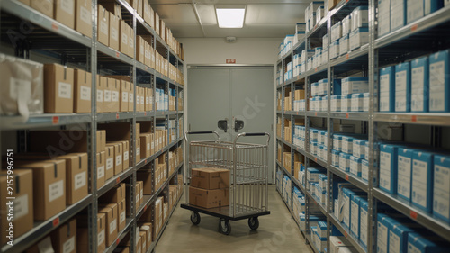 Photorealistic Hospital Storage Room With Organized Boxes, Trolleys, And Labeled Shelves, No People.