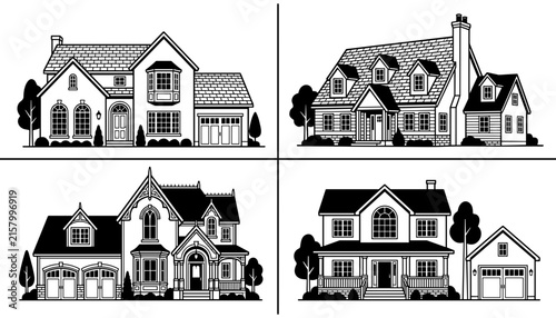 Set of classic residential family house architectural building styles front facades black line art vector