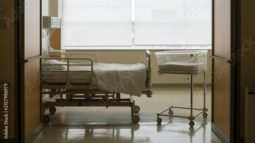 Photorealistic Empty Maternity Room With Hospital Bed, Bassinet, And Soft Daylight, No People.