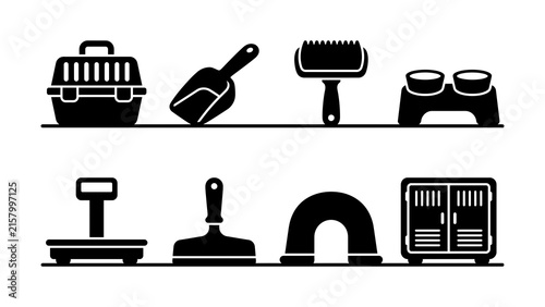 Black cleaning tools and supplies set icon