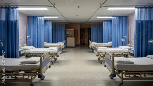 Realistic Empty Hospital Ward With Multiple Beds, Privacy Curtains, And Medical Equipment, No People.