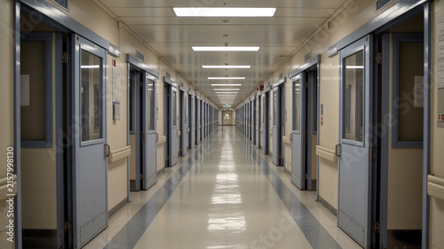 Photorealistic Hospital Corridor With Closed Doors, Ceiling Lights, And Polished Floor Reflections, No People.