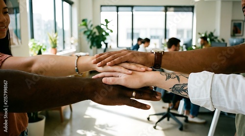 Diverse business team stacking hands together in a modern office for unity and teamwork