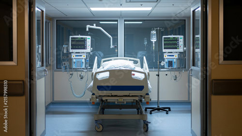 Realistic Empty Icu Room With Ventilator, Bed, Monitors, And Organized Medical Equipment, No People.