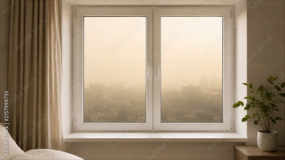 Fototapeta premium Closed Window Framing a Hazy Cityscape in a Minimalist Room