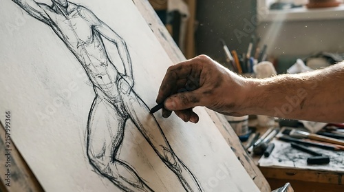 Artist hand drawing a male figure sketch with charcoal on paper in a creative studio