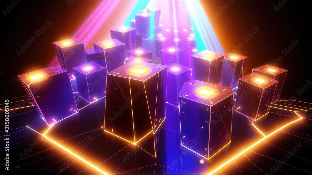 Fototapeta premium Neon geometric shapes illuminate dark space. Structures glow with vibrant purple, blue, yellow hues. Digital aesthetic dominates composition.