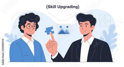 Two businessmen collaborate on skill upgrading, adding a puzzle piece to complete a project or develop new expertise.