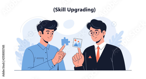 Two businessmen connect puzzle pieces representing skill upgrading and career development, symbolizing teamwork and growth.