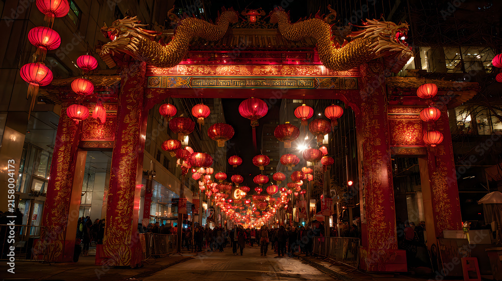 Fototapeta premium Chinese New Year Entrance Arch with Red Lanterns at Night