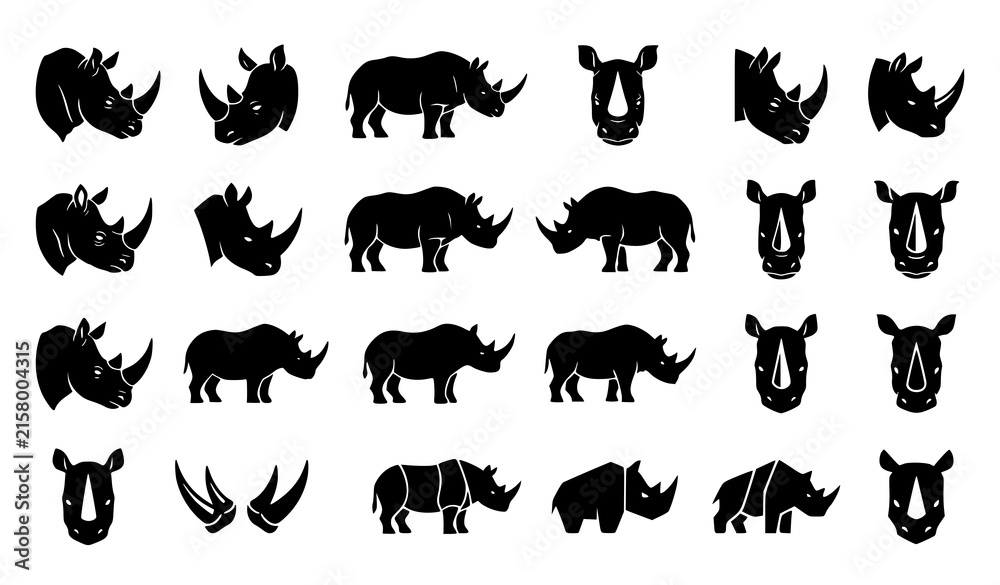 Fototapeta premium Rhinoceros Black Silhouette Icon Set with Rhinoceros Heads Side Views Full Bodies and Horns for Wildlife Logo and Nature Graphic Designs