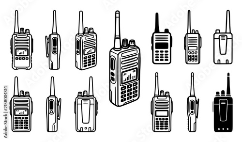 Portable Walkie Talkie Radio Icon Set with Communication Transceiver Devices and Antenna Symbols for Security Safety and Logistics Vector Designs