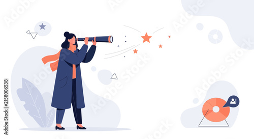 Woman with Telescope Looking at Stars and Pie Chart with Person Icon, Business Vision Concept