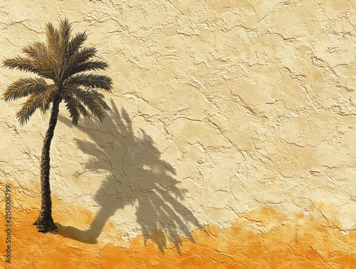 Palm tree casting shadow on textured sandy wall  