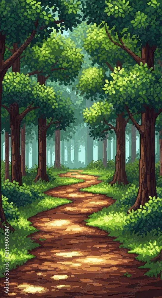 Fototapeta premium A vibrant pixel art illustration of a winding dirt path leading through a dense, lush green forest with tall trees and dappled sunlight, branches, plants, game