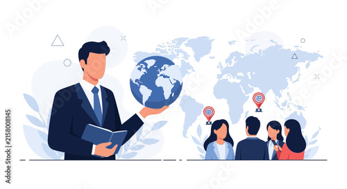 Businessman holding globe and book presents global business strategy to diverse team with map and location pins